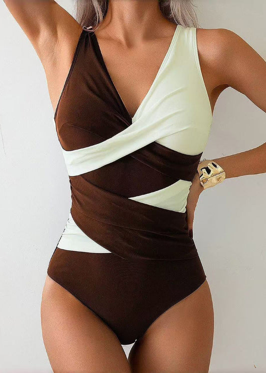 Plus Size Coffee White V Neck Patchwork Bodysuit Swimwear