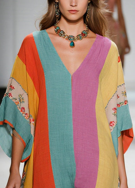 Plus Size Colorblock Asymmetrical Striped Cotton Dresses Summer