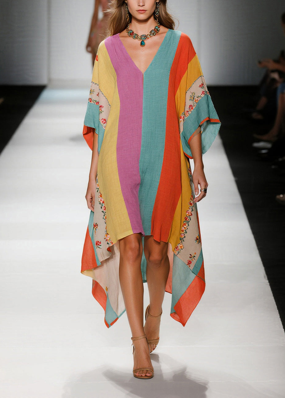 Plus Size Colorblock Asymmetrical Striped Cotton Dresses Summer