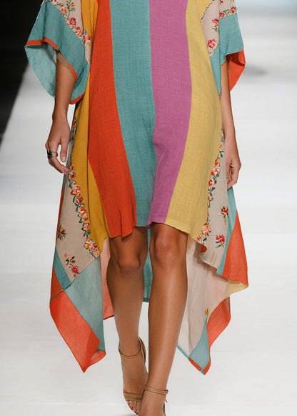 Plus Size Colorblock Asymmetrical Striped Cotton Dresses Summer