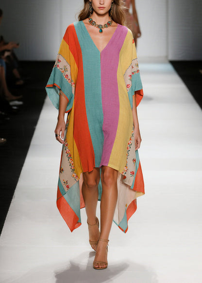 Plus Size Colorblock Asymmetrical Striped Cotton Dresses Summer