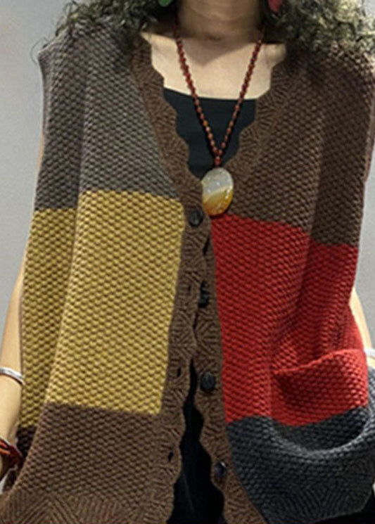 Plus Size Colorblock Loose V-Ausschnitt Button Herbst Bluse Tops Ärmellose Strickweste