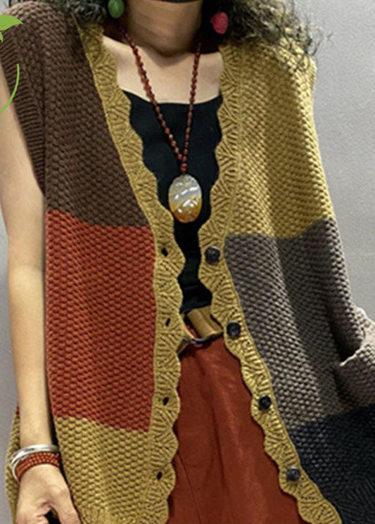 Plus Size Colorblock Loose V-Ausschnitt Button Herbst Bluse Tops Ärmellose Strickweste