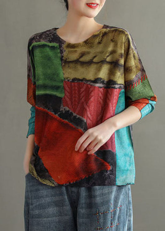 Plus Size Colorblock O-Ausschnitt Print Strickoberteile Langarm