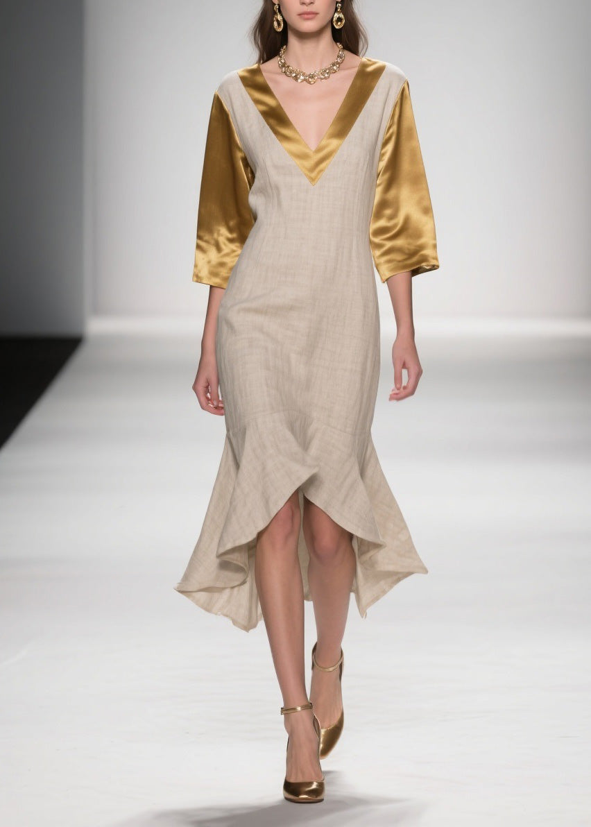 Plus Size Colorblock Ruffled Patchwork Linen Silk Dresses Summer