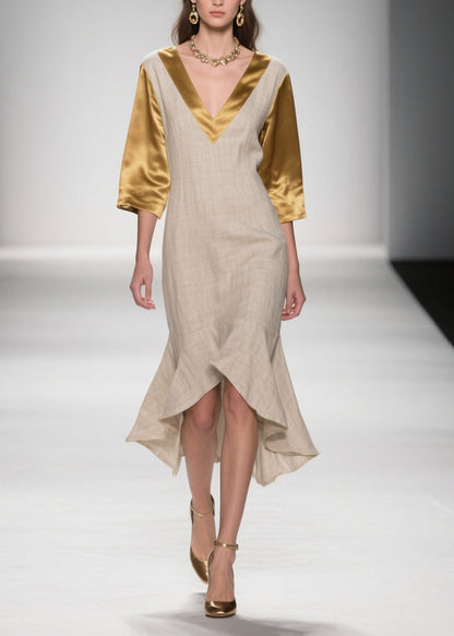 Plus Size Colorblock Ruffled Patchwork Linen Silk Dresses Summer