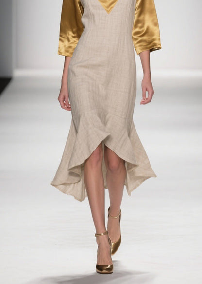 Plus Size Colorblock Ruffled Patchwork Linen Silk Dresses Summer