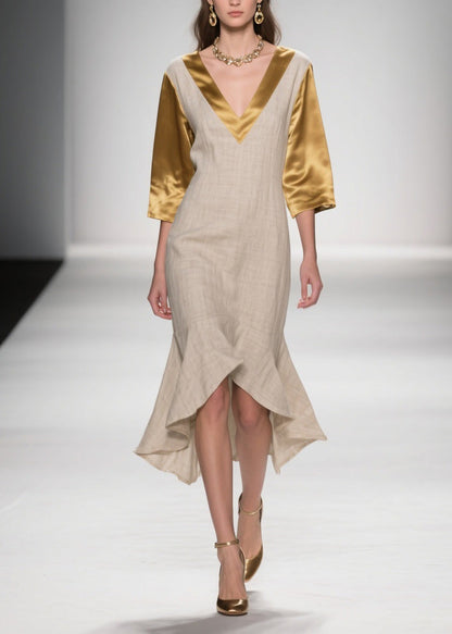 Plus Size Colorblock Ruffled Patchwork Linen Silk Dresses Summer