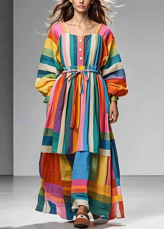 Plus Size Colorblock Quadratischer Kragen Bindegürtel Patchwork Baumwollkleid Langarm