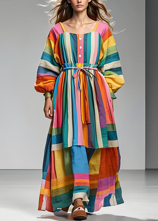 Plus Size Colorblock Quadratischer Kragen Bindegürtel Patchwork Baumwollkleid Langarm