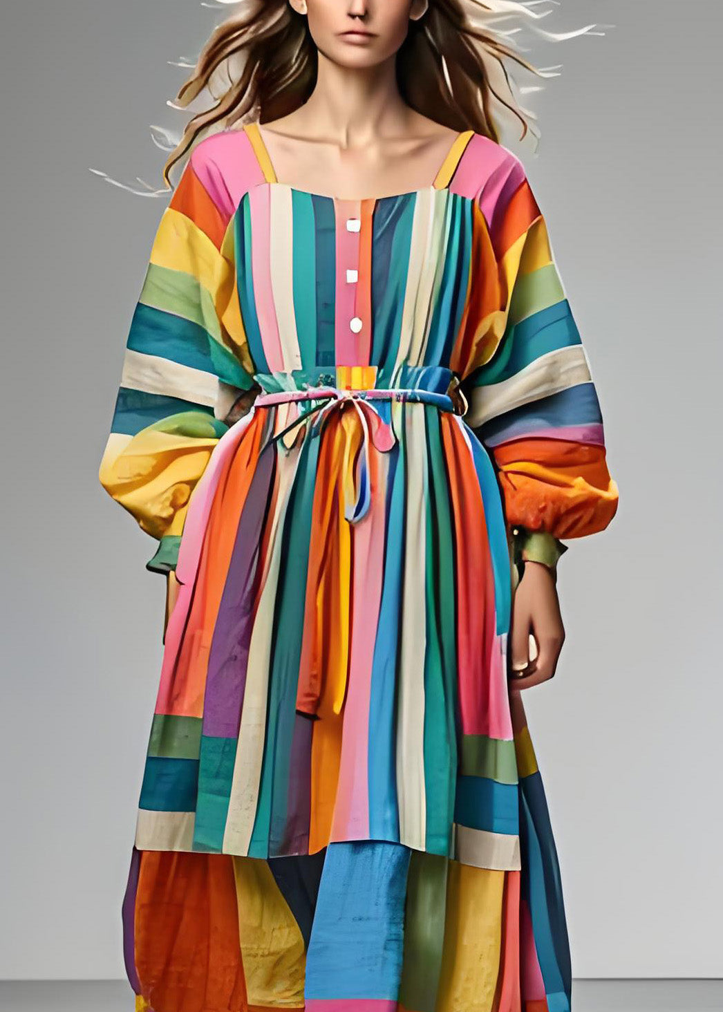 Plus Size Colorblock Quadratischer Kragen Bindegürtel Patchwork Baumwollkleid Langarm