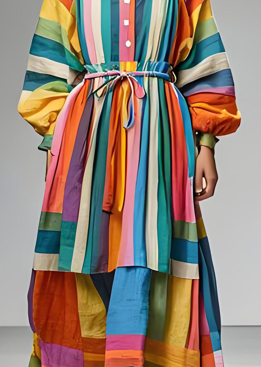 Plus Size Colorblock Quadratischer Kragen Bindegürtel Patchwork Baumwollkleid Langarm