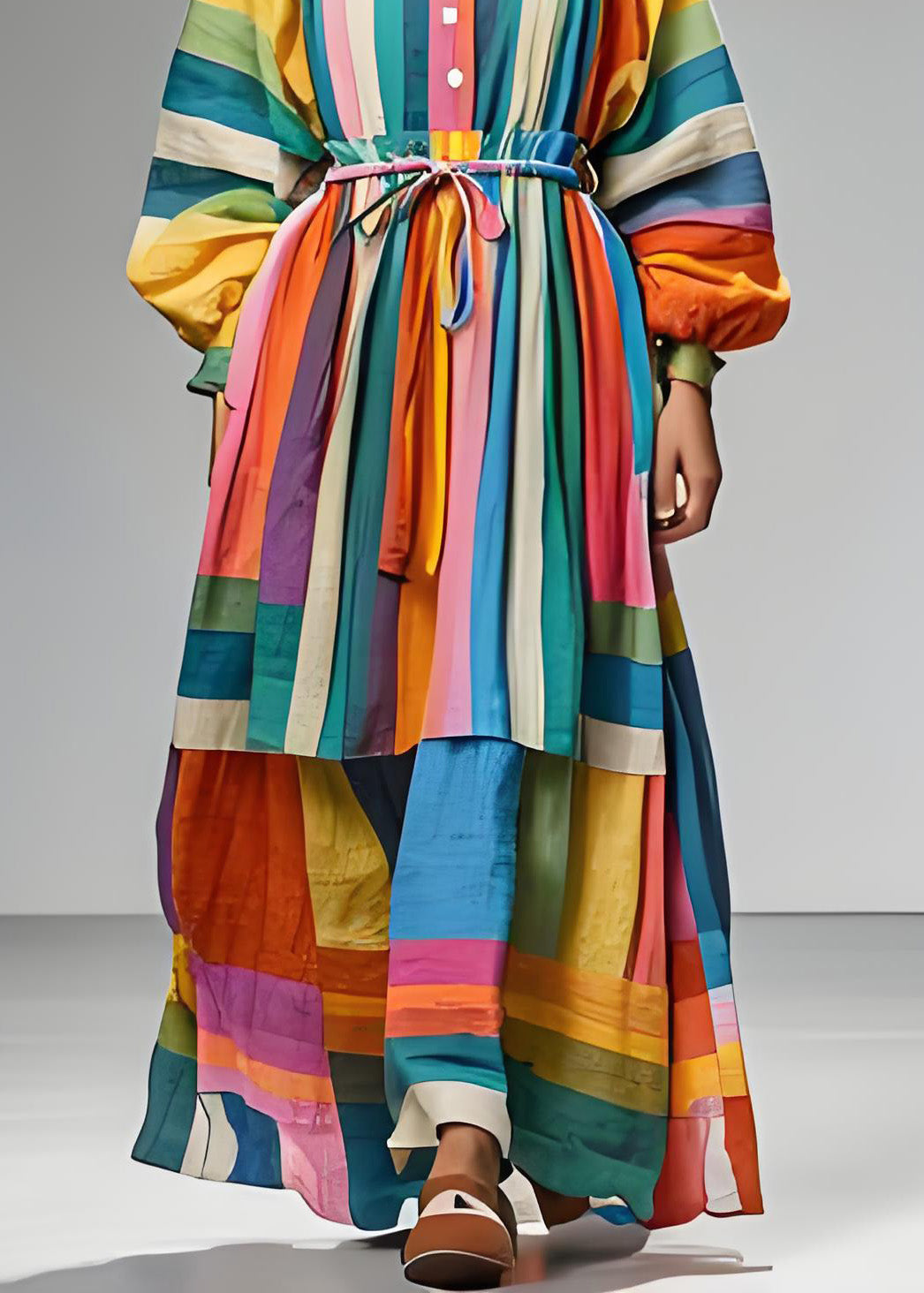 Plus Size Colorblock Quadratischer Kragen Bindegürtel Patchwork Baumwollkleid Langarm