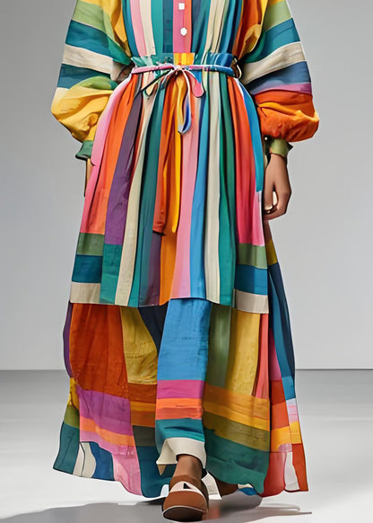 Plus Size Colorblock Quadratischer Kragen Bindegürtel Patchwork Baumwollkleid Langarm
