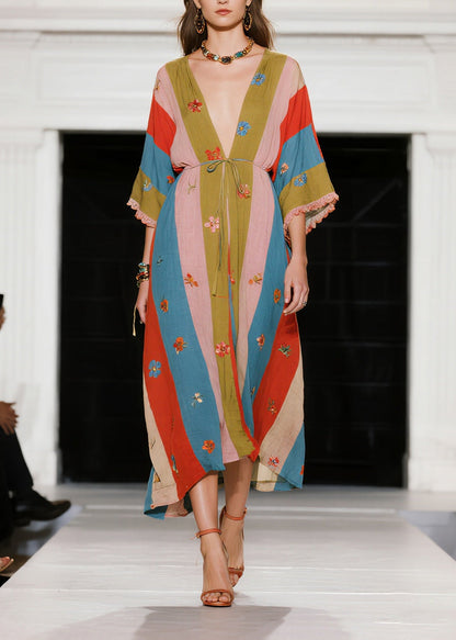 Plus Size Colorblock Tie Waist Print Cotton Long Dress Summer