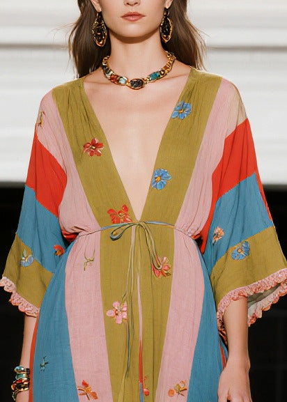 Plus Size Colorblock Tie Waist Print Cotton Long Dress Summer