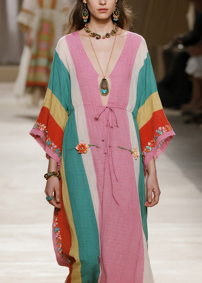 Plus Size Colorblock V Neck Floral Cotton Long Dresses Summer