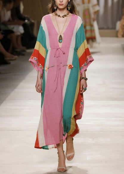 Plus Size Colorblock V Neck Floral Cotton Long Dresses Summer