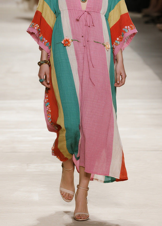 Plus Size Colorblock V Neck Floral Cotton Long Dresses Summer