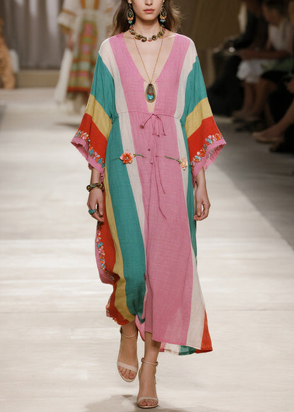 Plus Size Colorblock V Neck Floral Cotton Long Dresses Summer