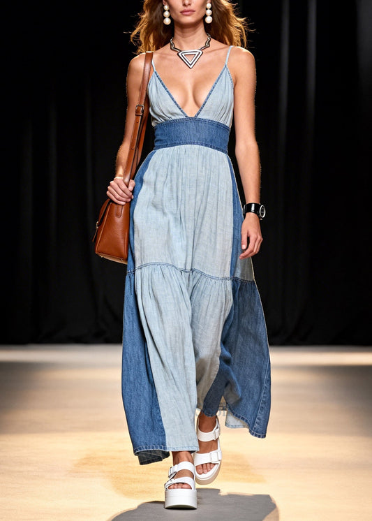 Plus Size Colorblock V Neck Patchwork Denim Vacation Dress Summer