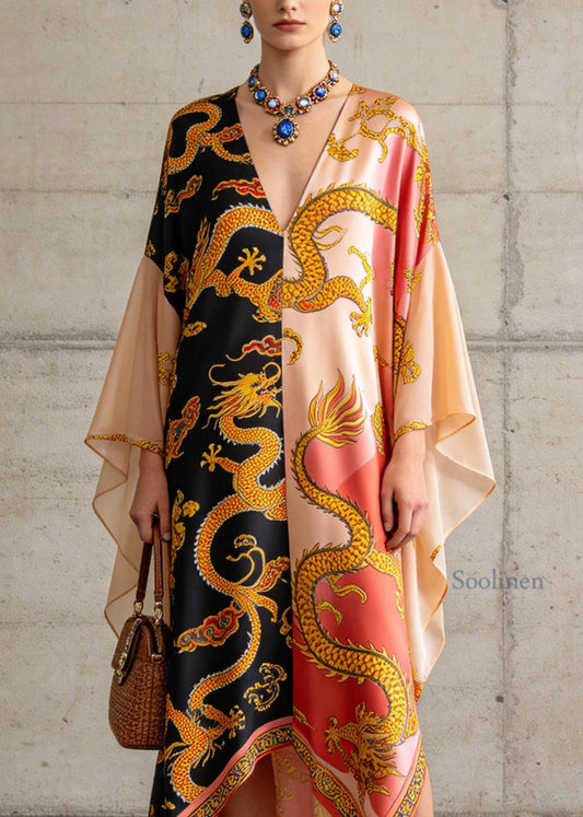 Plus Size Colorblock V Neck Print Chiffon Maxi Dress Summer
