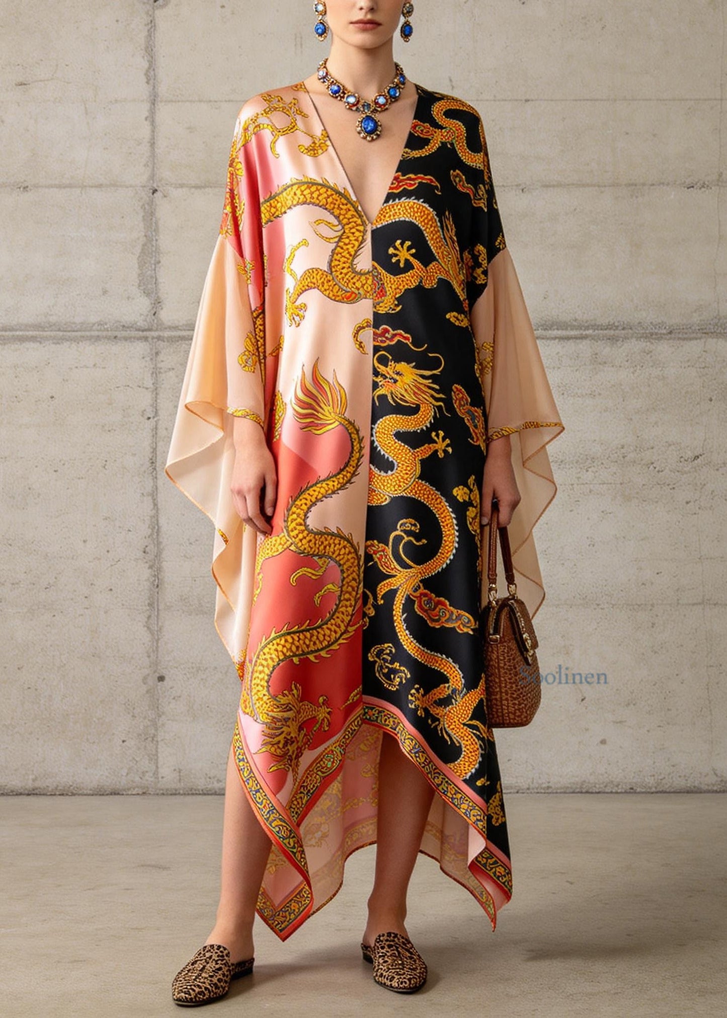 Plus Size Colorblock V Neck Print Chiffon Maxi Dress Summer