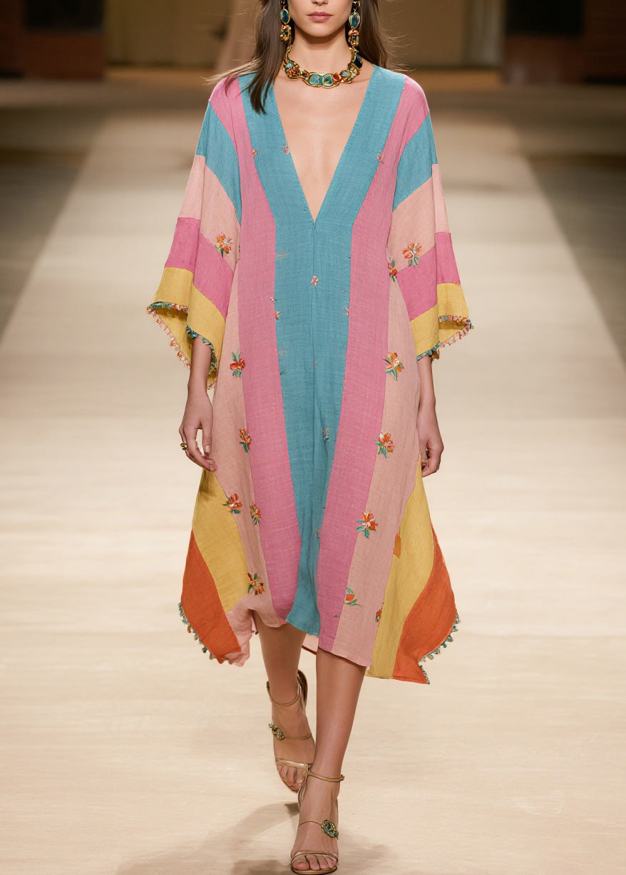 Plus Size Colorblock V Neck Print Cotton Dress Summer