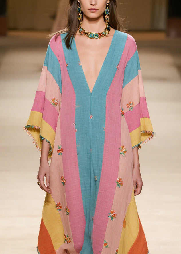 Plus Size Colorblock V Neck Print Cotton Dress Summer