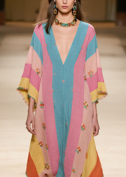 Plus Size Colorblock V Neck Print Cotton Dress Summer