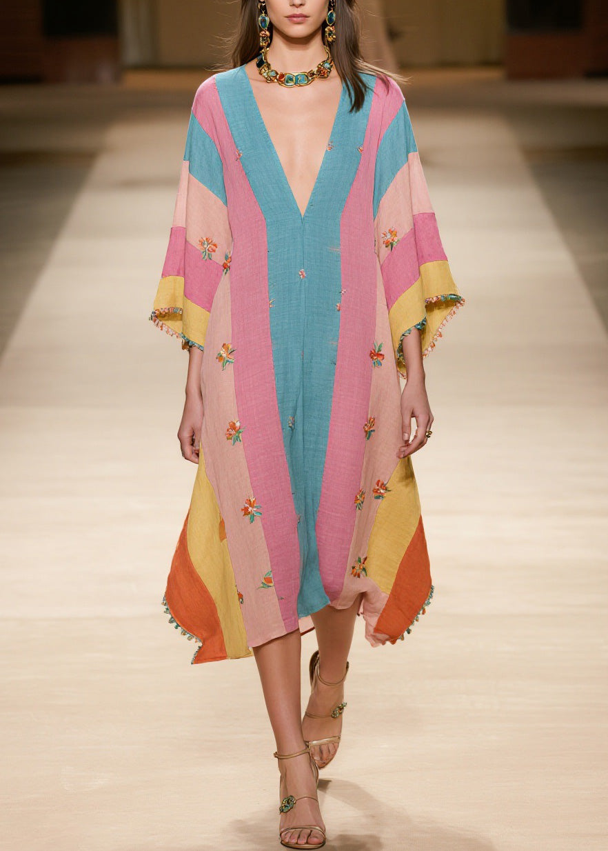 Plus Size Colorblock V Neck Print Cotton Dress Summer