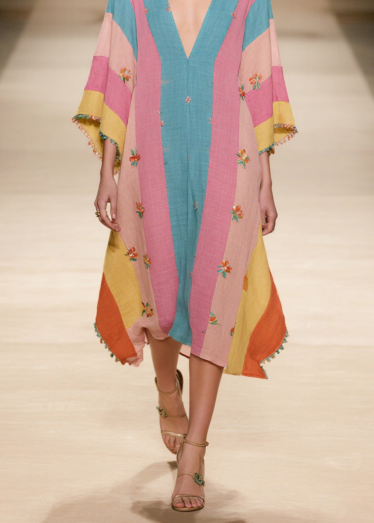 Plus Size Colorblock V Neck Print Cotton Dress Summer