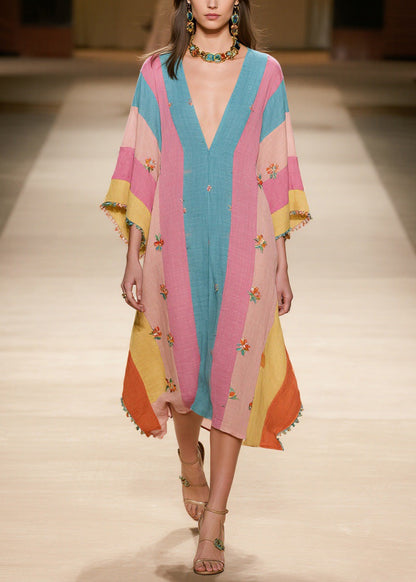 Plus Size Colorblock V Neck Print Cotton Dress Summer