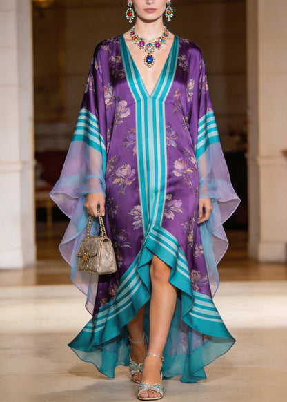 Plus Size Colorblock V Neck Print Patchwork Chiffon Robe Dresses Summer