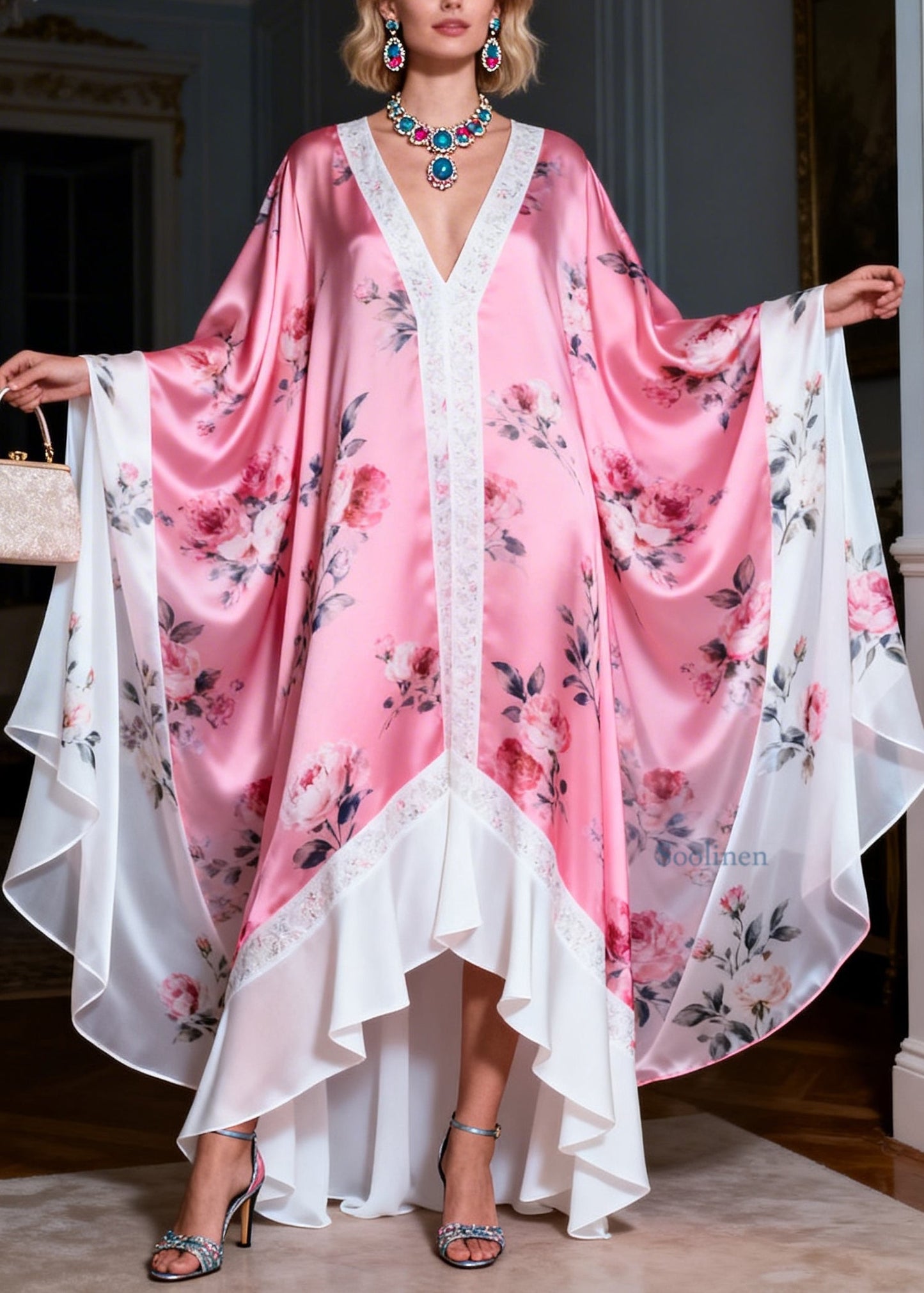 Plus Size Colorblock V Neck Print Patchwork Silk Robe Dresses Summer
