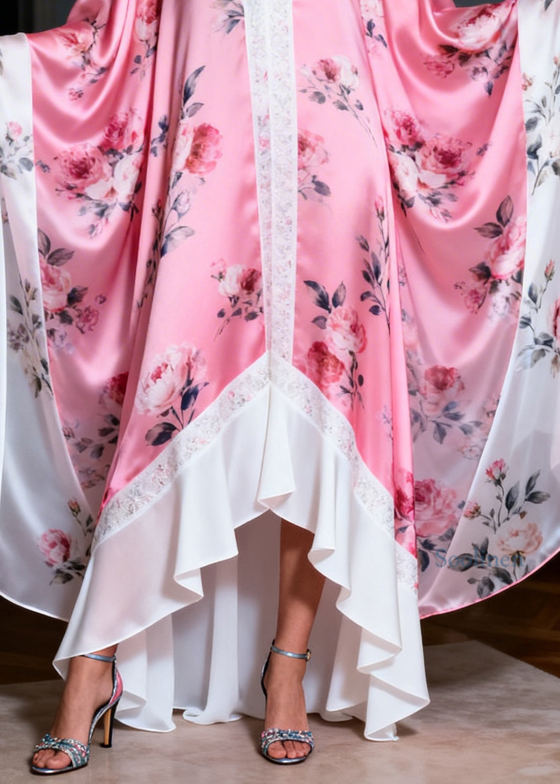 Plus Size Colorblock V Neck Print Patchwork Silk Robe Dresses Summer