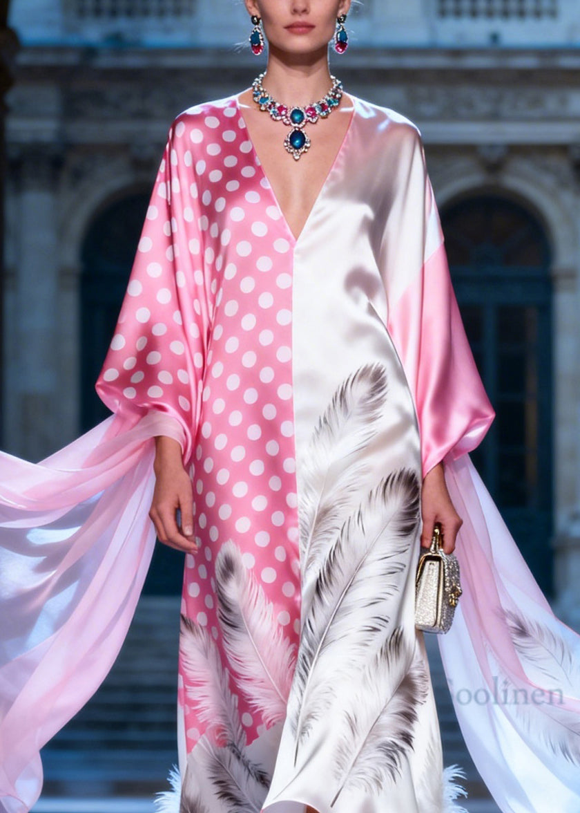 Plus Size Colorblock V Neck Print Silk Robe Dresses Summer