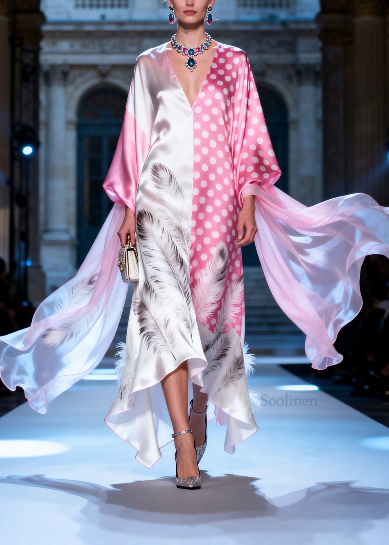 Plus Size Colorblock V Neck Print Silk Robe Dresses Summer