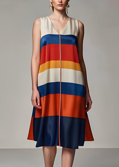 Plus Size Colorblock V-Ausschnitt Gestreifte Seidenkleider Ärmellos