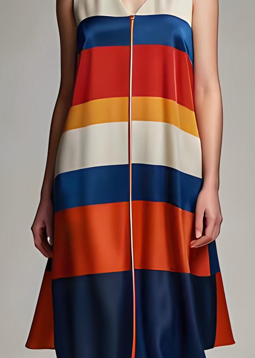 Plus Size Colorblock V-Ausschnitt Gestreifte Seidenkleider Ärmellos