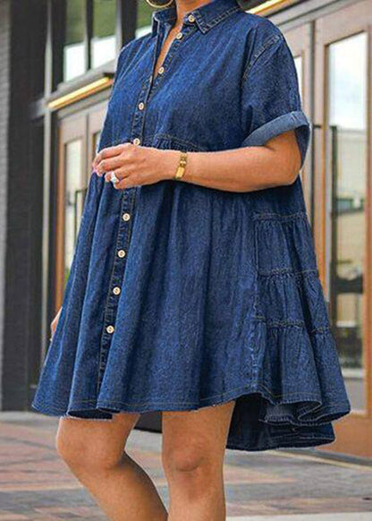 Plus Size Dark Blue Peter Pan Collar Patchwork Mid Dresses Short Sleeve