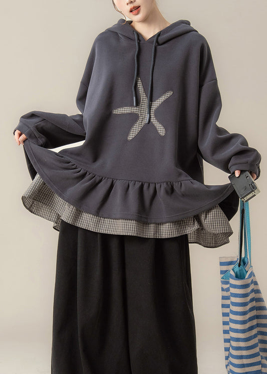 Sudadera de algodón con capucha y patchwork de dos piezas en gris oscuro de talla grande para primavera