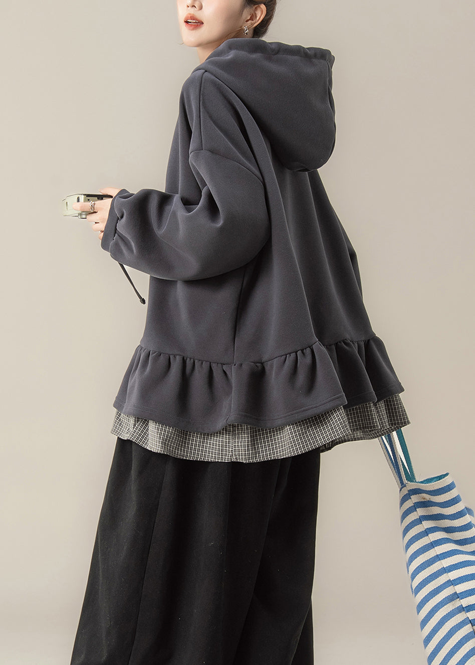 Plus Size Dark Grey False Two Pieces Patchwork Hooded Cotton Sweatshirts Spring