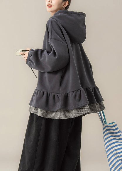 Plus Size Dark Grey False Two Pieces Patchwork Hooded Cotton Sweatshirts Spring