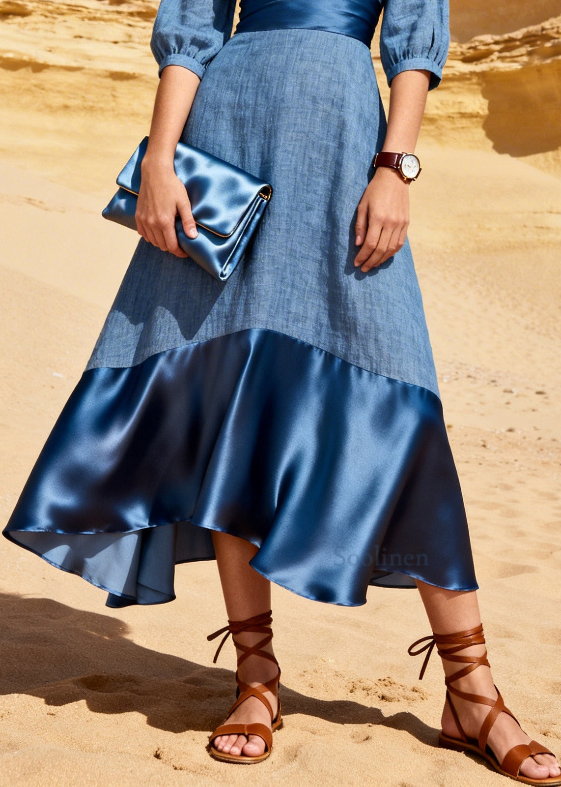Plus Size Denim Blue V Neck Patchwork Cotton Long Dresses Summer