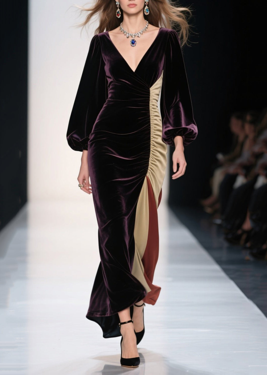 Vestido de noche de terciopelo de seda con patchwork asimétrico morado opaco de talla grande para primavera