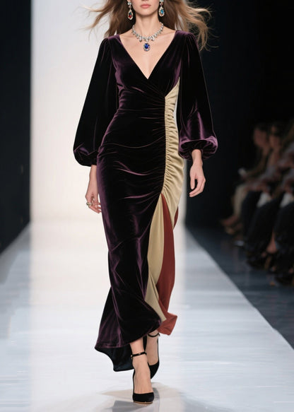 Vestido de noche de terciopelo de seda con patchwork asimétrico morado opaco de talla grande para primavera