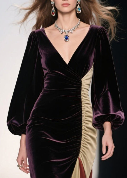 Vestido de noche de terciopelo de seda con patchwork asimétrico morado opaco de talla grande para primavera