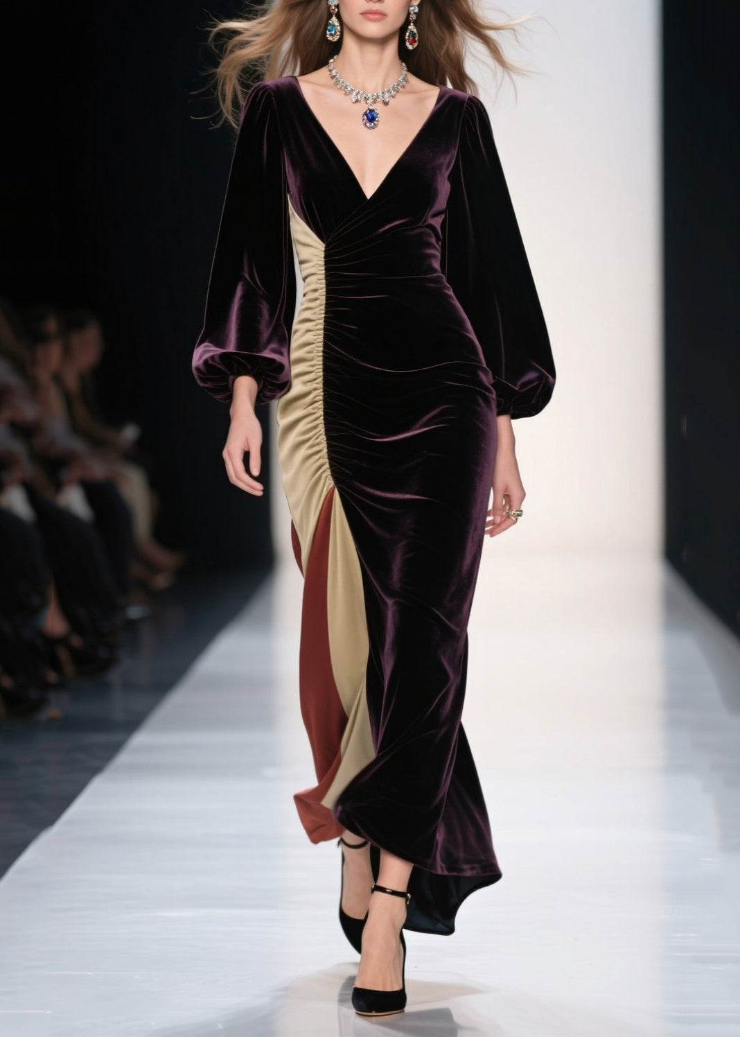 Vestido de noche de terciopelo de seda con patchwork asimétrico morado opaco de talla grande para primavera