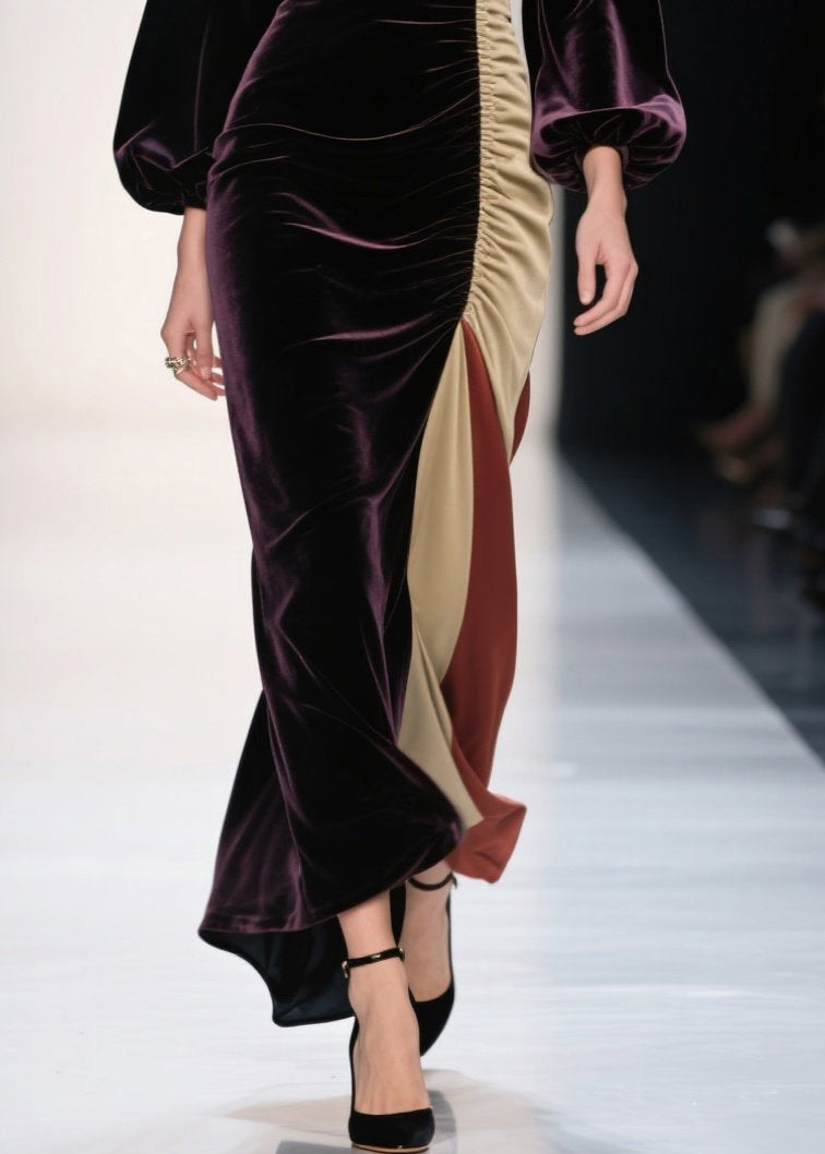 Vestido de noche de terciopelo de seda con patchwork asimétrico morado opaco de talla grande para primavera